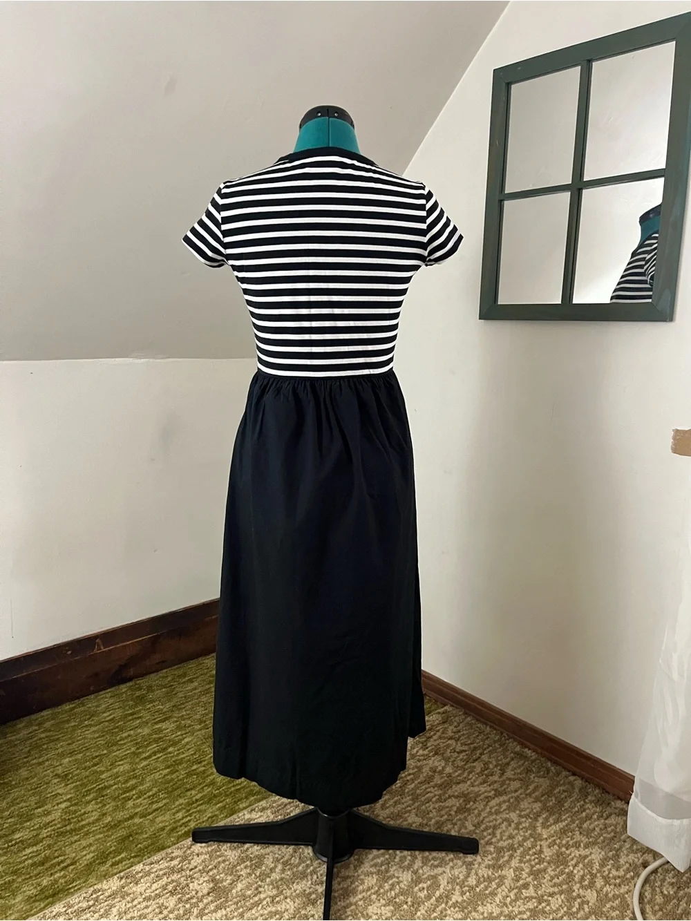 J. Crew Mixed Media Black & White Striped Short-Sleeve Midi Dress